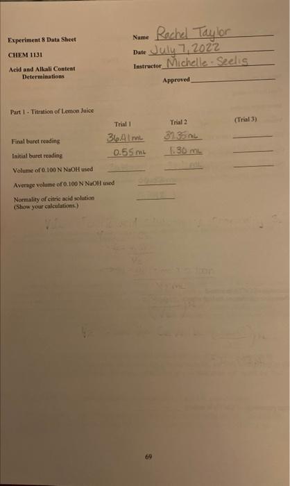 Experiment 8 Data Sheet Chem 1131 Acid And Alkali Content Determinations Part 1 Titration Of Lemon Juice Name Rachel T 2