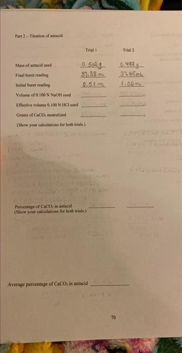 Part 2 Titration Of Antacid Mass Of Antacid Used Final Buret Reading Initial Buret Reading Volume Of 0 100 N Naoh Used E 1