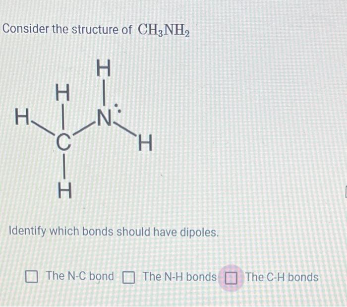 Consider The Structure Of Ch3nh I H Htc H Hin N H Identify Which Bonds Should Have Dipoles The N C Bond The N H Bonds 1