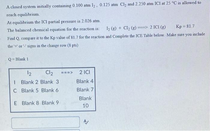 A Closed System Initially Containing 0 100 Atm 1 0 125 Atm Cl And 2 250 Atm Ic1 At 25 C Is Allowed To Reach Equilibr 1