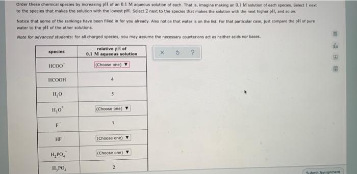 Order These Chemical Species By Increasing Ph Of An 0 1 M Aqueous Solution Of Each That Is Imagine Making An 0 1 M Sol 1