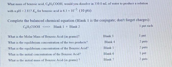What Mass Of Benzoic Acid C6h5cooh Would You Dissolve In 350 0 Ml Of Water To Produce A Solution With A Ph 2 85 K F 1