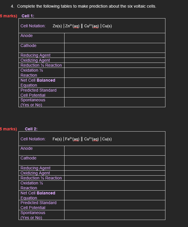 4 Complete The Following Tables To Make Prediction About The Six Voltaic Cells 5 Marks Cell 1 5 Marks Cell Notatio 1