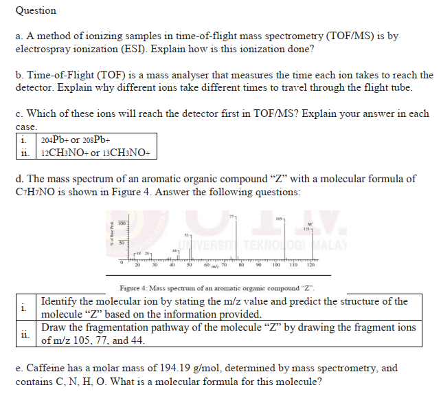 Question A A Method Of Ionizing Samples In Time Of Flight Mass Spectrometry Tof Ms Is By Electrospray Ionization Esi 1
