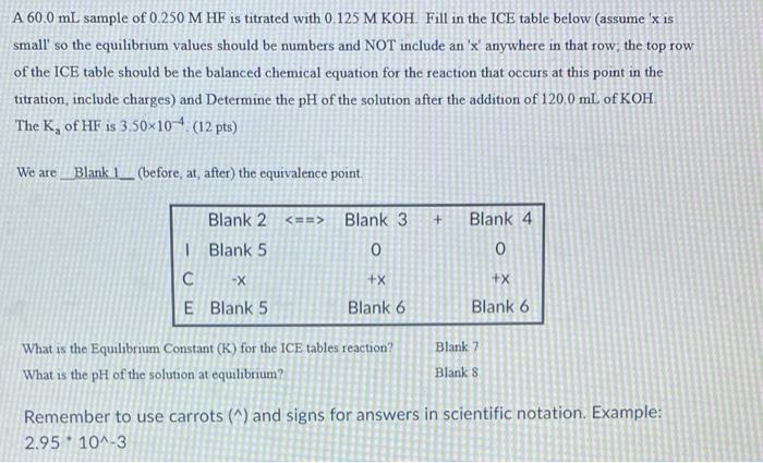 A 60 0 Ml Sample Of 0 250 M Hf Is Titrated With 0 125 M Koh Fill In The Ice Table Below Assume X Is Small So The Equ 1