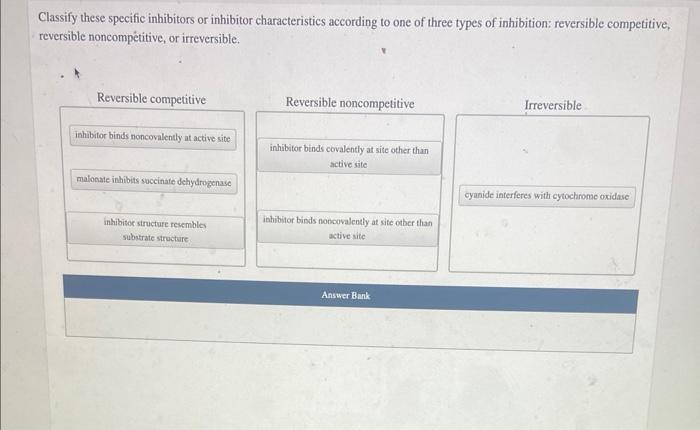 Classify These Specific Inhibitors Or Inhibitor Characteristics According To One Of Three Types Of Inhibition Reversibl 1