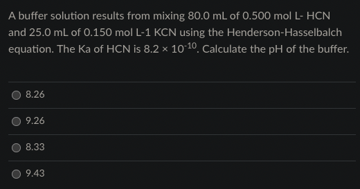 A Buffer Solution Results From Mixing 80 0 Ml Of 0 500 Moll Hcn And 25 0 Ml Of 0 150 Moll 1kcn Using The Henderson Hasse 1