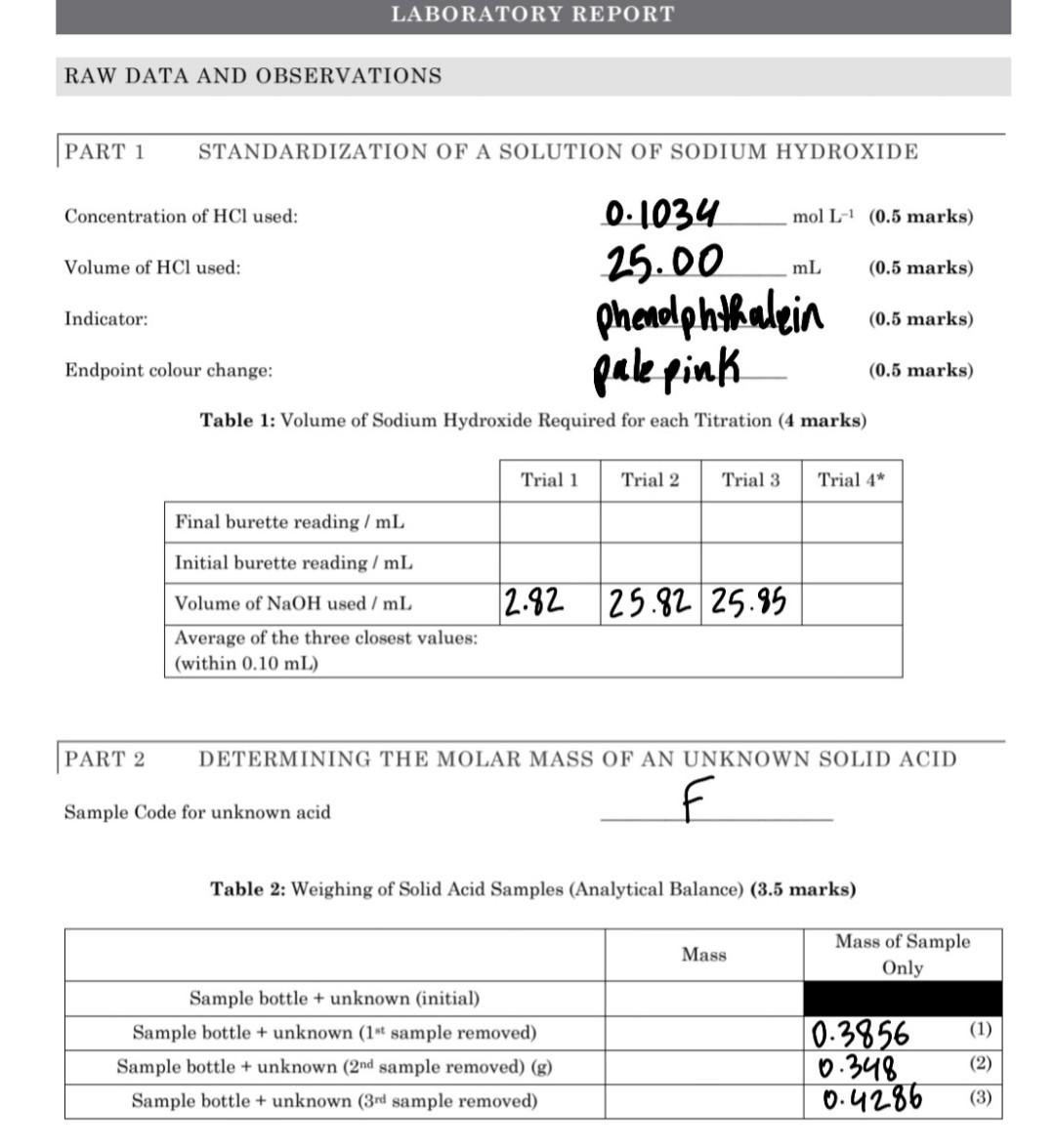 Raw Data And Observations Table 1 Volume Of Sodium Hydroxide Required For Each Titration 4 Marks Table 2 Weighing Of 1