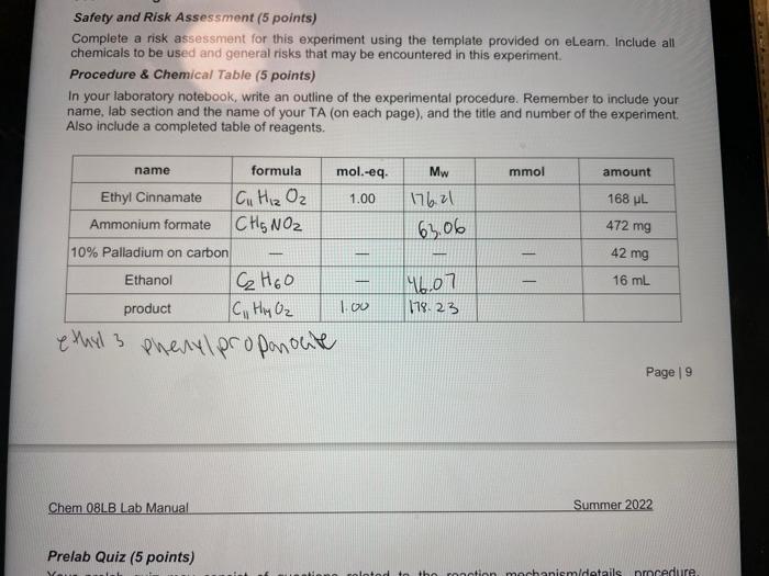 Safety And Risk Assessment 5 Points Complete A Risk Assessment For This Experiment Using The Template Provided On Elea 1