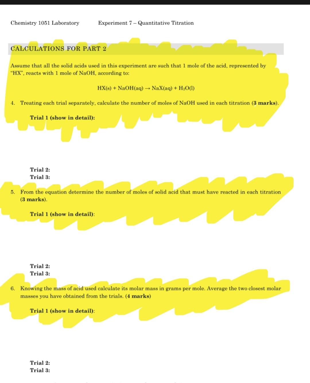 Raw Data And Observations Part 1 Standardization Of A Solution Of Sodium Hydroxide Concentration Of Hcl Used Volume Of 3