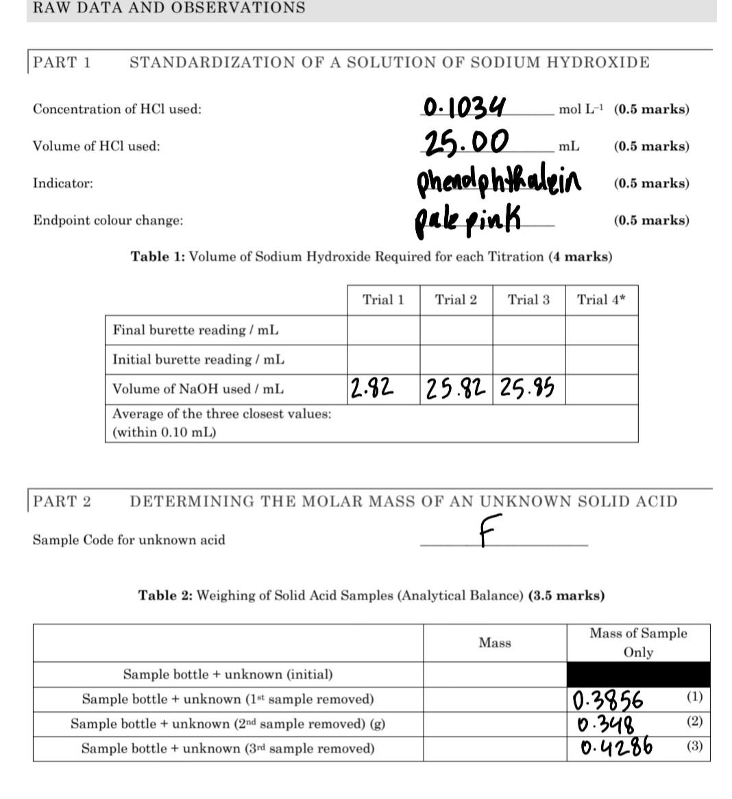 Raw Data And Observations Part 1 Standardization Of A Solution Of Sodium Hydroxide Concentration Of Hcl Used Volume Of 1