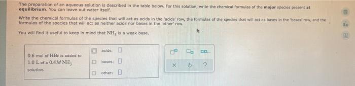 The Preparation Of An Aqueous Solution Is Described In The Table Below For This Solution Write The Chemical Farmulas O 1
