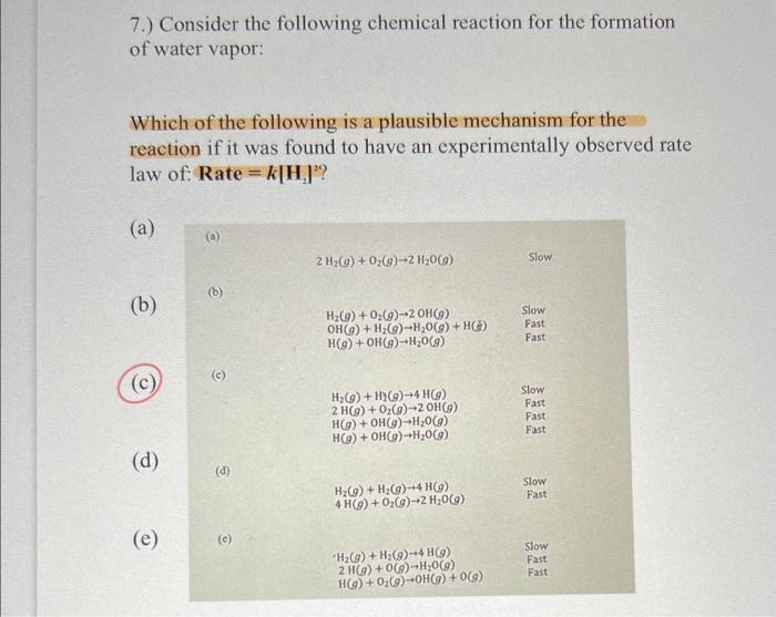 7 Consider The Following Chemical Reaction For The Formation Of Water Vapor Which Of The Following Is A Plausible Mec 1