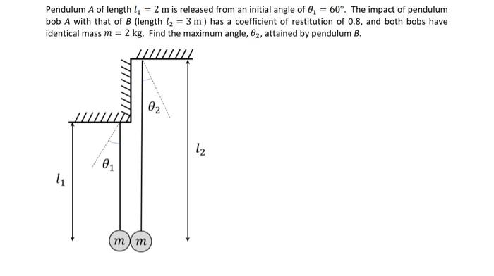 Pendulum A Of Length 11 2 M Is Released From An Initial Angle Of 0 60 The Impact Of Pendulum Bob A With That Of B 2