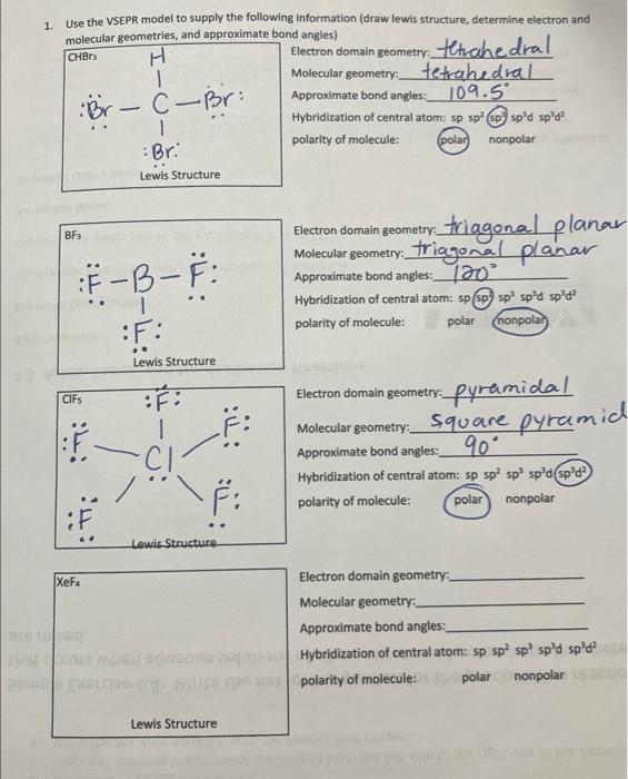 1 Use The Vsepr Model To Supply The Following Information Draw Lewis Structure Determine Electron And Molecular Geome 1