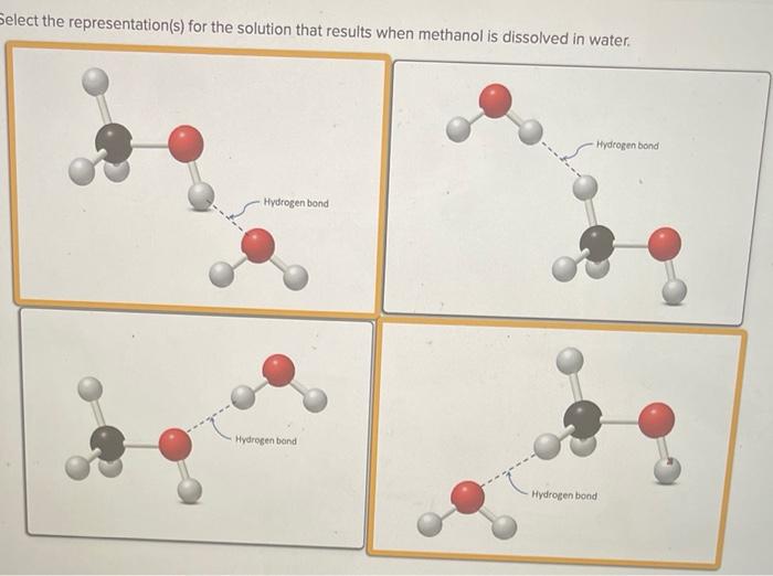 Select The Representation S For The Solution That Results When Methanol Is Dissolved In Water Hydrogen Bond Hydrogen B 1