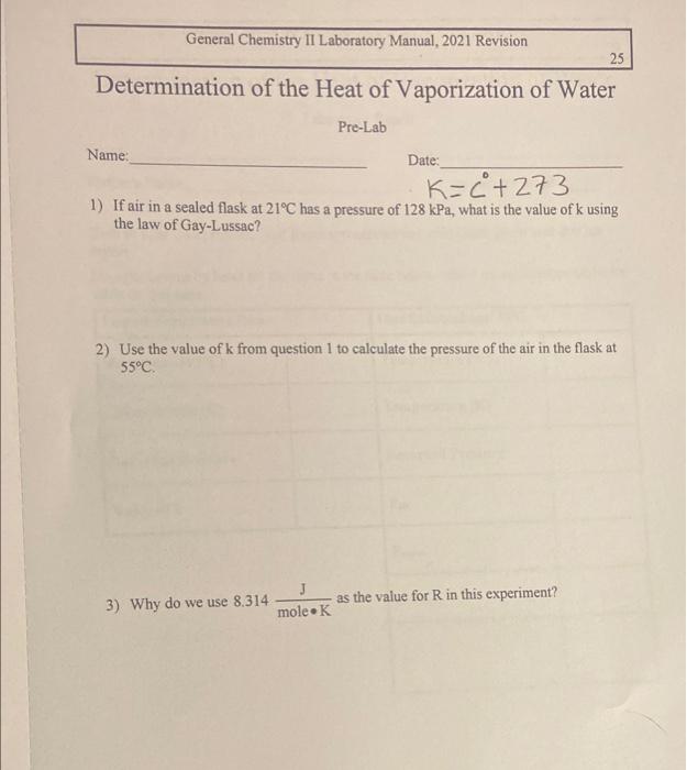 General Chemistry Ii Laboratory Manual 2021 Revision Determination Of The Heat Of Vaporization Of Water Name Pre Lab 3 1