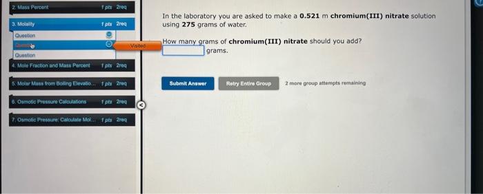 Assignment 2 1 Molarity 2 Mass Percent 3 Molality Question 1px 2eq 1 Pts Req 1 Pts Req O Question Question 4 Mole Fr 2
