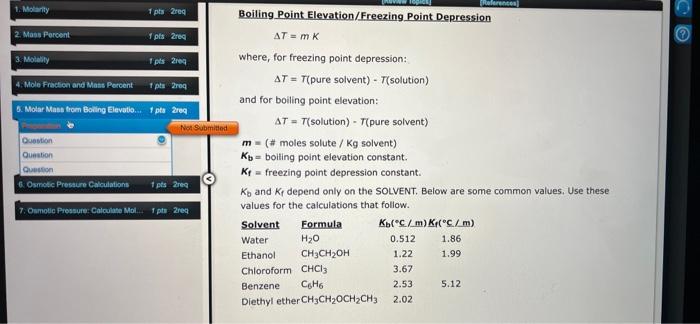 1 Molarity 1 Pts Req 2 Mass Percent 3 Molality 1 Pts 2req 4 Mole Fraction And Mass Percent 1 Pts Req 5 Molar Mass F 1