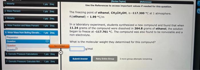 1 Molarity 1 Pts Req 2 Mass Percent 3 Molality 1 Pts 2req 4 Mole Fraction And Mass Percent 1 Pts Req 5 Molar Mass F 2