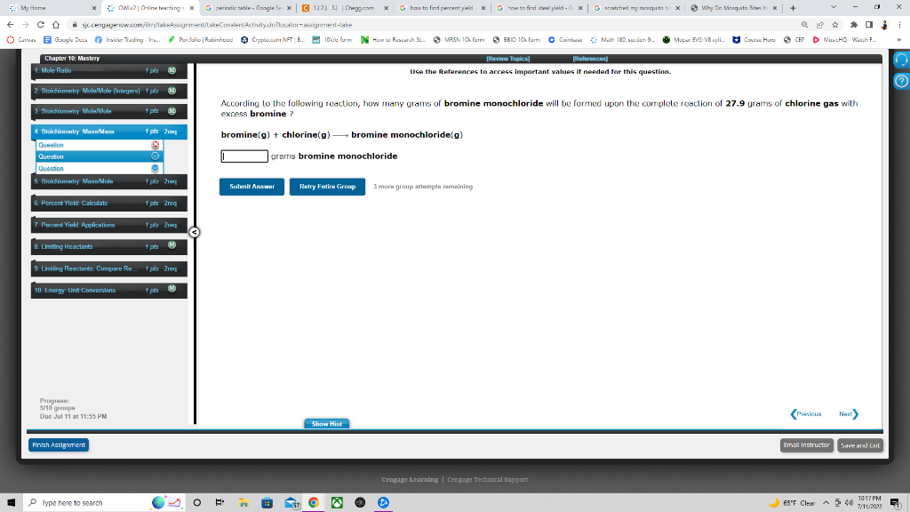 According To The Following Reedion How Many Grams Of Bromine Monochloride Will Be Formed Upon The Complete Reaction Of 1
