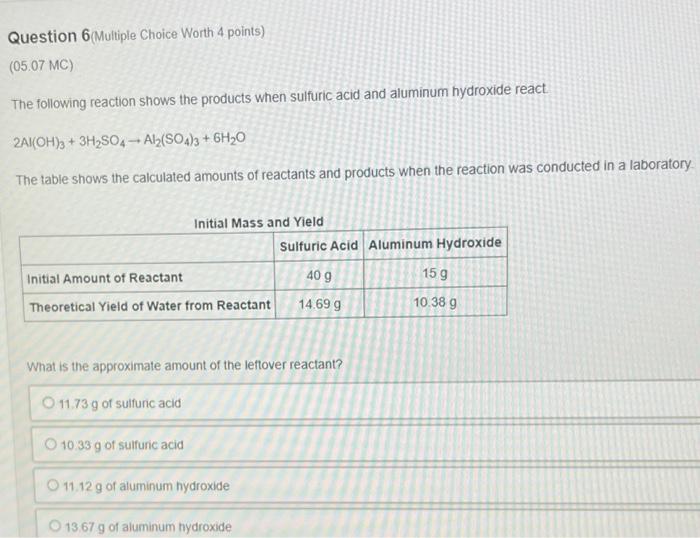 Question 6 Multiple Choice Worth 4 Points 05 07mc The Following Reaction Shows The Products When Sulfuric Acid And A 1