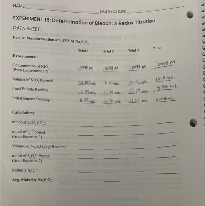 Experiment 18 Determination Of Bleach A Redox Titration Data Sheet 1 Part A Standardization Of 0 1xxmna S2 O3 Part B 1