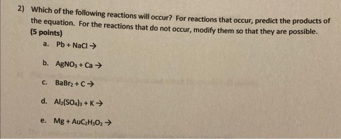 Directions Complete The Problem Set Showing All Work For Problems Below 1 Balancing Equations Balance Equations Cl 3