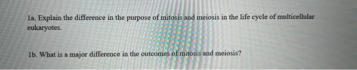 La Explain The Difference In The Purpose Of Mitosis And Meiosis In The Life Cycle Of Multicellular Eukaryotes 1b What 1