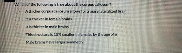 Which Of The Following Is True About The Corpus Callosum A Thicker Corpus Callosum Allows For A More Lateralized Brain 1