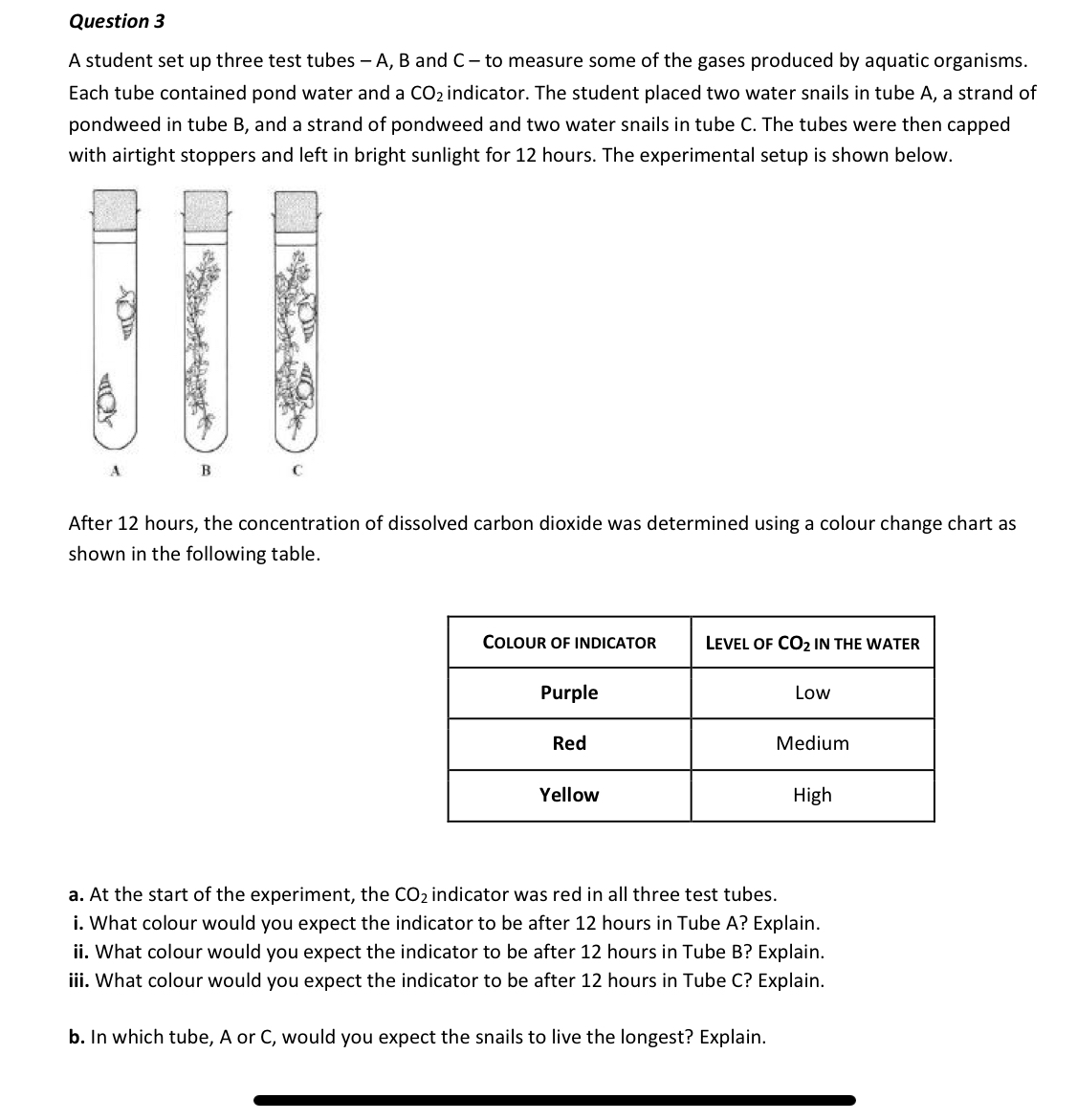 Question 3 A Student Set Up Three Test Tubes A B And C To Measure Some Of The Gases Produced By Aquatic Organisms 1