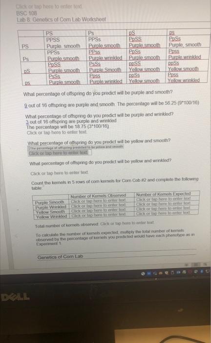 Click Or Tap Here To Enter Toxd Bsc 108 Lab 8 Genetics Of Com Lab Worksheet Ps Ps Ds Ps Ppss Purple Smooth Ppss Purple S 1
