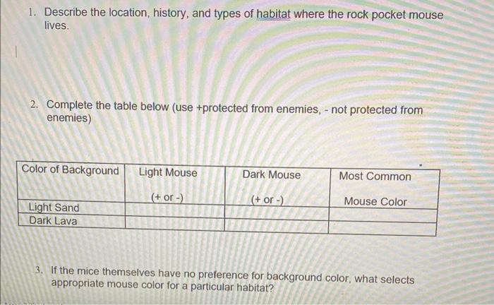 1 Describe The Location History And Types Of Habitat Where The Rock Pocket Mouse Lives 2 Complete The Table Below 1