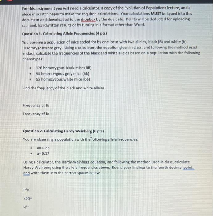 For This Assignment You Will Need A Calculator A Copy Of The Evolution Of Populations Lecture And A Piece Of Scratch P 1
