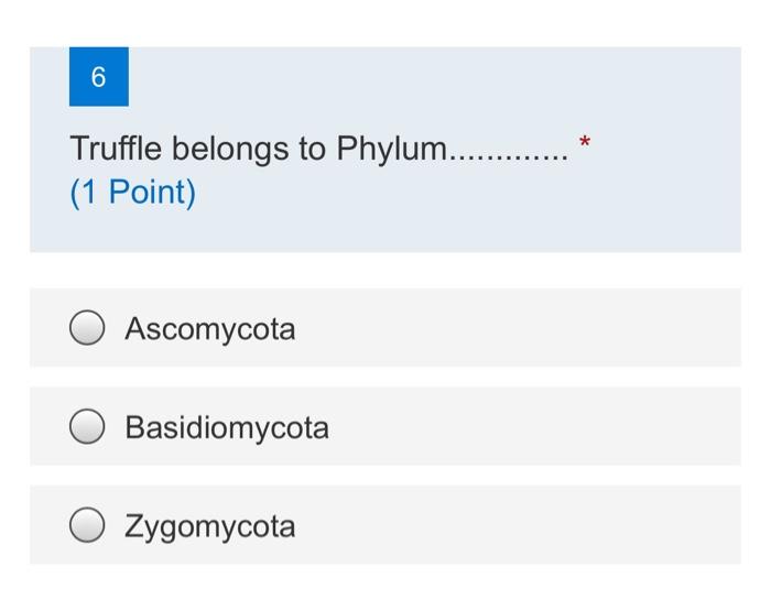 6 Truffle Belongs To Phylum 1 Point Ascomycota Basidiomycota Zygomycota 1