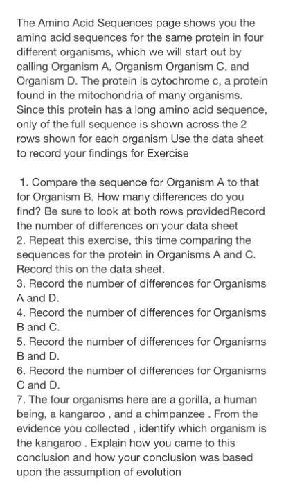 The Amino Acid Sequences Page Shows You The Amino Acid Sequences For The Same Protein In Four Different Organisms Which 1