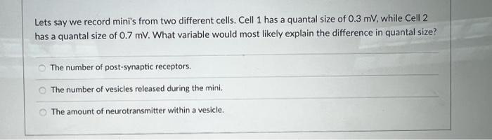 Lets Say We Record Mini S From Two Different Cells Cell 1 Has A Quantal Size Of 0 3 Mv While Cell 2 Has A Quantal Size 1