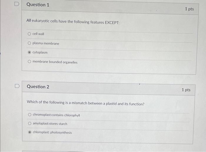 N Question 1 All Eukaryotic Cells Have The Following Features Except Cell Wall Plasma Membrane Cytoplasm Membrane Bound 1