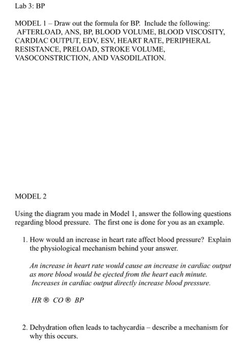 Lab 3 Bp Model 1 Draw Out The Formula For Bp Include The Following Afterload Ans Bp Blood Volume Blood Viscosit 1