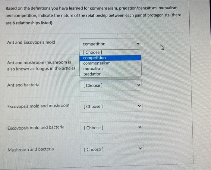 Based On The Definitions You Have Learned For Commensalism Predation Parasitism Mutualism And Competition Indicate Th 1