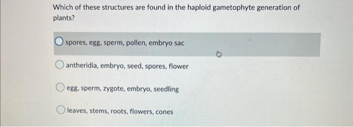 Which Of These Structures Are Found In The Haploid Gametophyte Generation Of Plants Spores Egg Sperm Pollen Embryo 1
