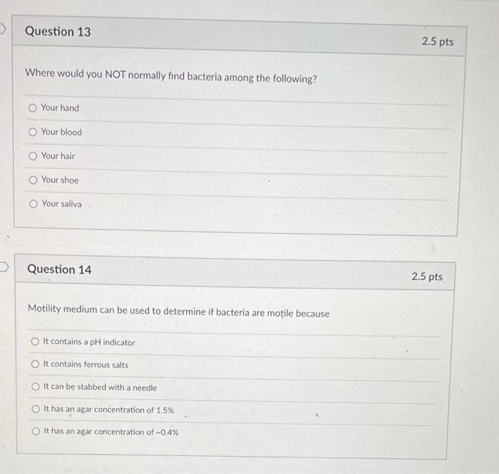 Question 13 Where Would You Not Normally Find Bacteria Among The Following Your Hand Your Blood O Your Hair Your Shoe 1