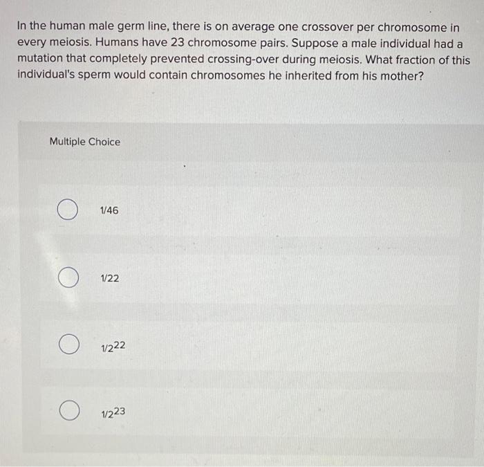 In The Human Male Germ Line There Is On Average One Crossover Per Chromosome In Every Meiosis Humans Have 23 Chromosom 1