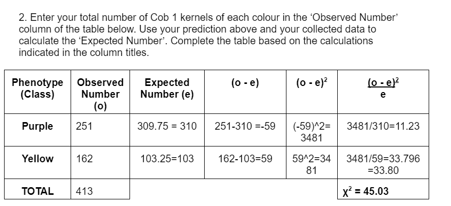 2 Enter Your Total Number Of Cob 1 Kernels Of Each Colour In The Observed Number Column Of The Table Below Use Your 1