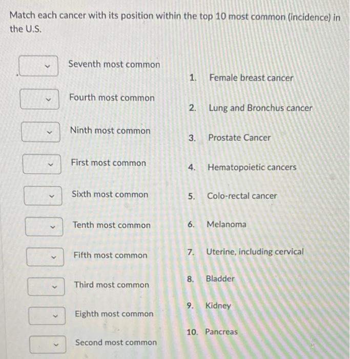 Match Each Cancer With Its Position Within The Top 10 Most Common Incidence In The U S 1000000000 Seventh Most Common 1