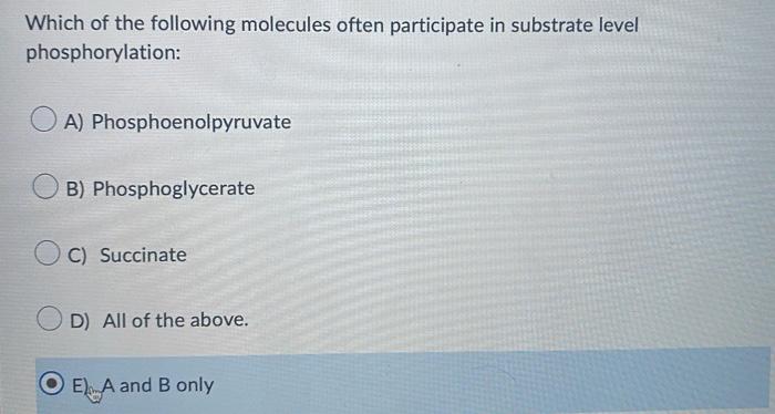 Which Of The Following Molecules Often Participate In Substrate Level Phosphorylation A Phosphoenolpyruvate B Phospho 1