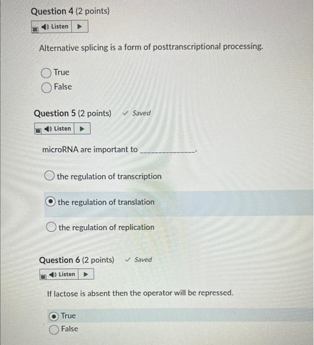 Question 4 2 Points Listen Alternative Splicing Is A Form Of Posttranscriptional Processing True False Question 5 2 1