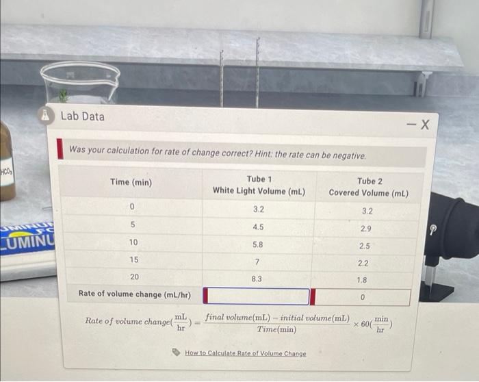 Hco A Lab Data Luminu Was Your Calculation For Rate Of Change Correct Hint The Rate Can Be Negative Time Min 0 5 1 1