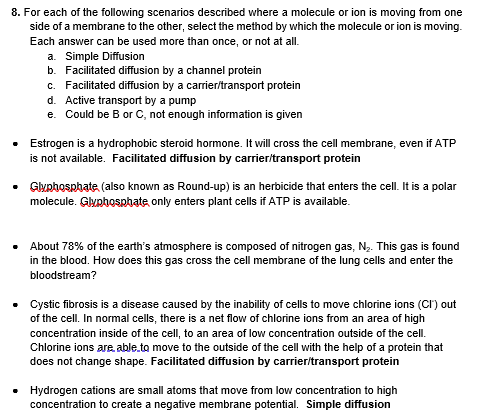 8 For Each Of The Following Scenarios Described Where A Molecule Or Ion Is Moving From One Side Of A Membrane To The Ot 1