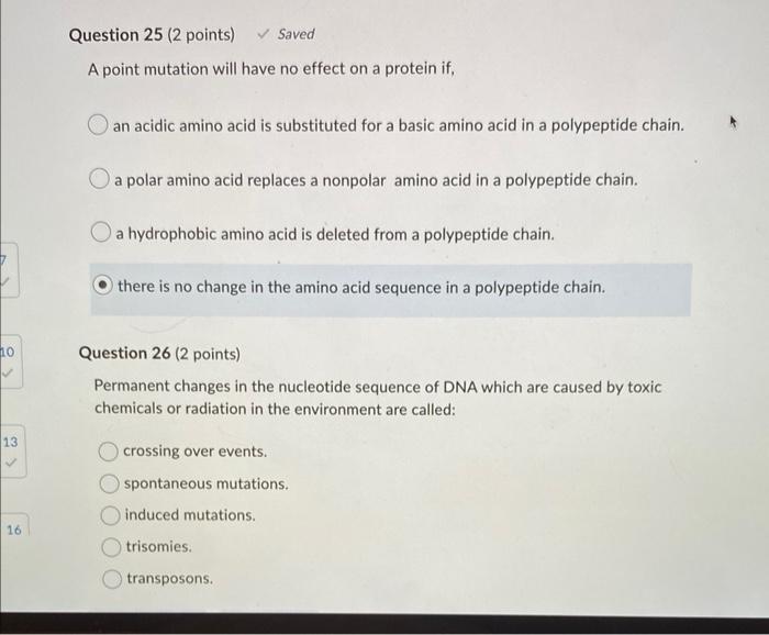 Ho 13 16 Question 25 2 Points Saved A Point Mutation Will Have No Effect On A Protein If An Acidic Amino Acid Is Sub 1
